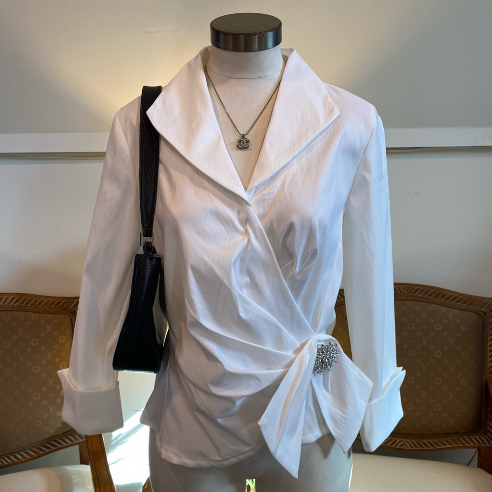 Vintage 80s/90s Sexy White Wrap Blouse with Rhinestone Brooch Embellishment, M